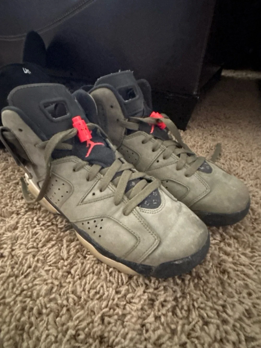 Jordan Olive Green and Black Suede Sneakers with Red Accents